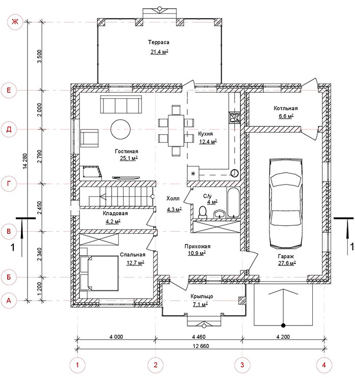 Планировка дома из керамзитоблоков площадью 228 кв. метров - 1 этаж